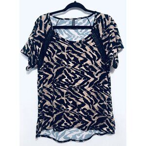 Vince Camuto Womens Large Black Brown Print Mesh Panel Short Sleeve Blouse Boho